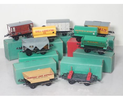 Nine boxed Hornby 0 gauge No.50 Wagons including Refrigerator Van, Saxa Salt Wagon, Side Tipping Wagon, etc. 