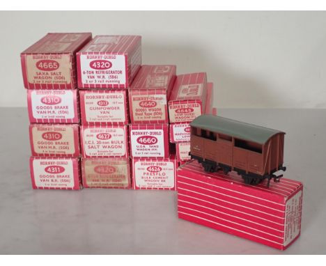 Sixteen Hornby Dublo Wagons comprising 2x 4320 WR Refrigerator Vans, 4311 BR Brake Van, 4665 Saxa Salt Wagon, 4627 Bulk Salt 