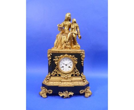 A French Empire-style ormolu and black marble Mantel Clock, the base with an 8-day movement striking on a bell, surmounted by