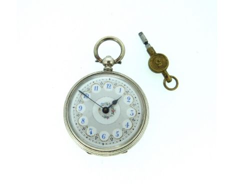 A pretty Continental silver ladies Pocket Watch, the white and enamelled dial with blue numerals and a circle of flowers arou