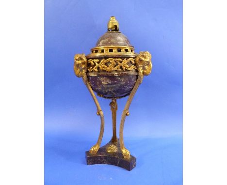 An early-20thC French gilt metal and marble Potpourri Vase, of globular form with goat's head-capped supports on a tri-form b