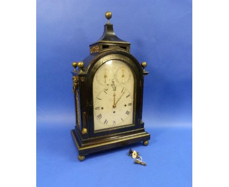 A George III ebonised quarter chiming Bracket Clock, signed James Murray, Royal Exchange, London, the pagoda-style top surmou
