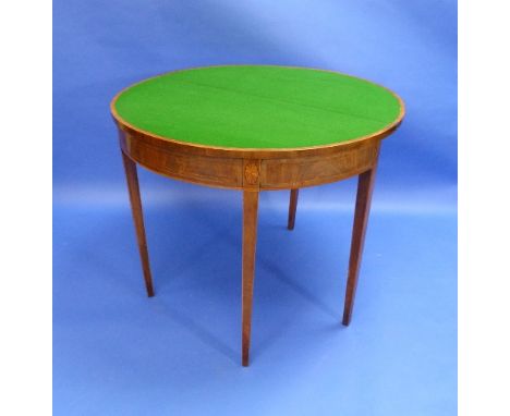 An Edwardian mahogany demi-lune Card Table, with ornate shell inlay and burr walnut banding, with nice quality green baize, r