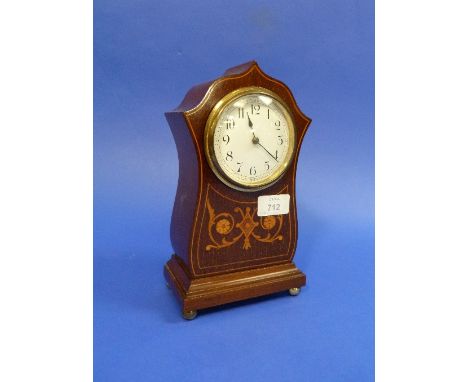 A pretty Edwardian mahogany 8-day Mantel Clock, of shaped upright form with floral inlaid decoration and brass ball feet, whi