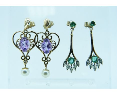 A pair of small drop Earrings, with small green stone finial, gold bar with green and white stones beneath mounted in yellow 