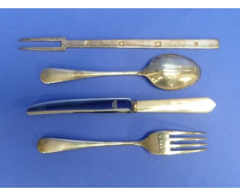 A silver, mother-of-pearl and steel Knife, Fork and Spoon set, by Francis Howard Ltd, hallmarked Sheffield, 1962, approximate