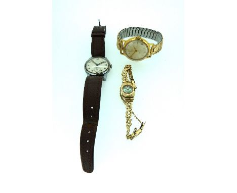 A 9ct gold lady's Wristwatch, with circular mother-of-pearl dial, on rolled gold link bracelet, together with two vintage gen