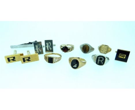 A collection of Rings and Cufflinks, including four in 9ct yellow gold, one a signet ring, one with garnet, two with onyx, on