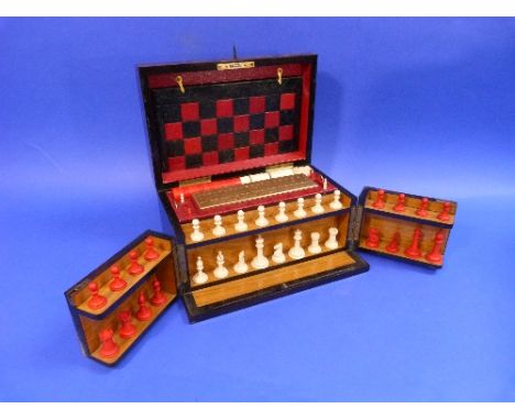 A 19thC coromandel wood Games Compendium, the hinged lid opening to reveal a folding leather and gilt chess, backgammon and h