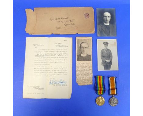 A pair of W.W.1 War and Victory medals, to Rev. A. G. Curnow, together with associated meorabilia including a photographic po