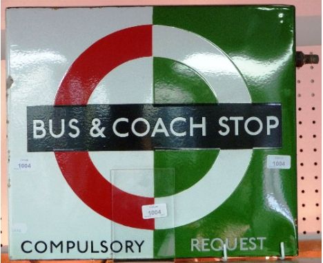 A Bus and Coach Stop Sign, circa 1960s/70s, in green and white enamel labelled 'Request' and 'Compulsory', with screw fixing,