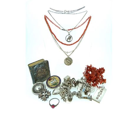 A collection of jewellery including, a silver charm bracelet with many charms attached, including ship in a bottle, Coventry 