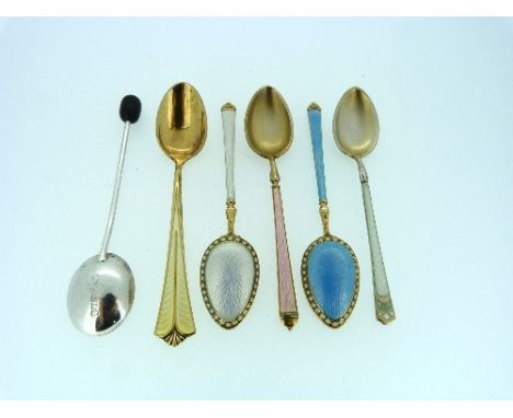 Three Continental silver and coloured enamel Coffee Spoons, marked '925' together with three other silver coffee spoons (6)