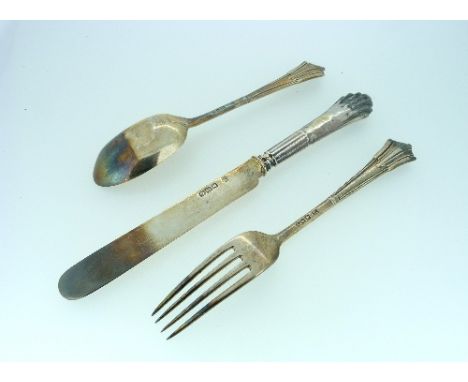 A late Victorian silver three piece Knife, Fork and Spoon set, by George Jackson & David Fullerton, hallmarked London, 1900, 