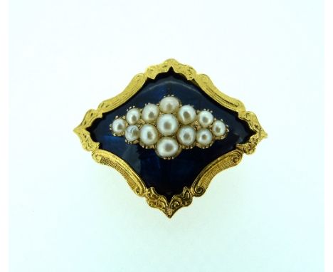 A Victorian diamond shaped gilt metal Momentum Brooch, the front with blue enamel and seed pearls, the reverse inscribed 'In 