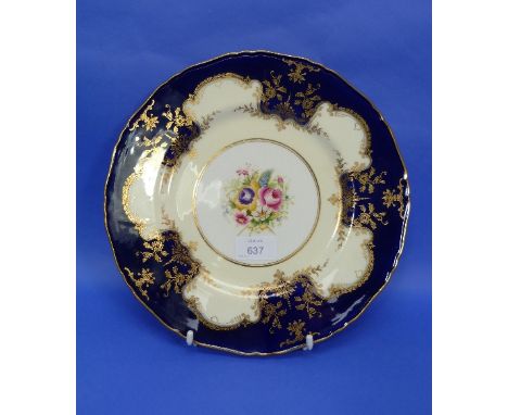 A Royal Worcester bone china floral Plate, circa 1940, blue and cream ground decorated in gilt, the centre painted with a flo