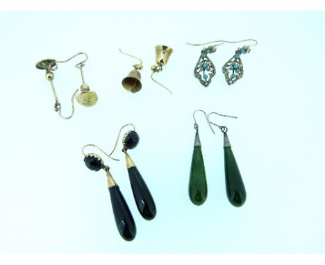 A collection of drop earrings, including a pair of candlesticks in 10k yellow gold, a pair of bells in 9ct yellow gold, a pai