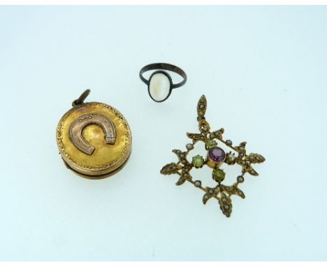 An open flower Pendant, set with seed pearls, amethyst and peridots, marked 9ct, damaged, together with a hinged pendant with