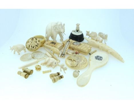 A quantity of antique ivory and bone bijouterie, Victorian and Edwardian, including oriental carved ivory circular box and co