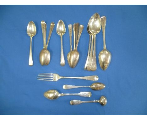 Ten various 19thC silver Teaspoons, Old English pattern, together with four silver dessert spoons, fork, salt spoon and anoth