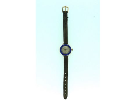 A continental 9ct gold and blue guilloche enamel lady's Wristwatch, import marks for London, 1910, the circular silvered dial