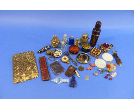 A quantity of antique bijouterie, including a silver-plated Owl-shaped vesta case, Nailsea and other scent bottles, a silver-