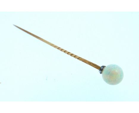 A Stickpin, in yellow gold with foreign mark, with an opal ball finial and rose diamond collar.
