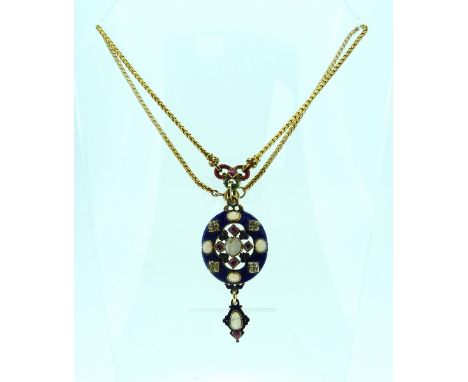 An attractive Holbeinesque Pendant and Chain, c.1870, the oval pendant pierced in the centre and set with an opal and four sm