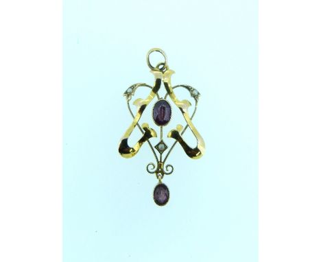 A 9ct yellow gold Art Nouveau style Pendant, set with two amethyst and three seed pearls together with a fine 9ct yellow gold