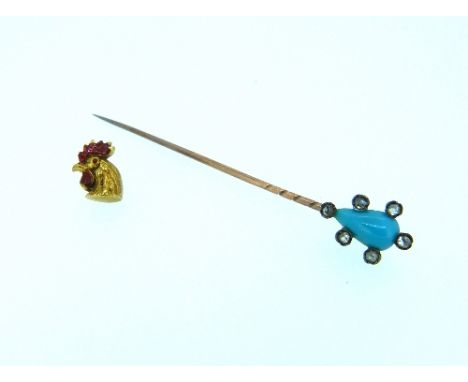 A Stickpin finial, with screw fitting lacks pin, the head of a cockerell in yellow metal and red enamel, together with a stic