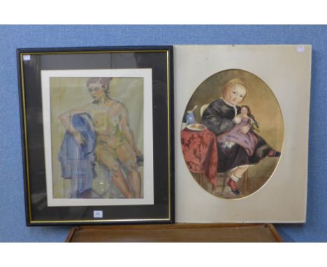 English School (19th Century) portrait of young with doll, watercolour and another portrait, watercolour