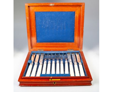 A MAHOGANY CASED SET OF TWELVE (one fork absent) FRUIT KNIVES AND FORKS, with silver blades and tines, bone handles, hallmark