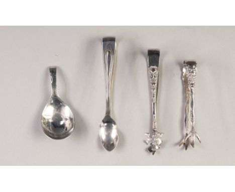 GEORGE III BRIGHT CUT SILVER CADDY SPOON BY THOMAS WALLIS, London 1809, together with THREE SILVER PAIRS OF SUGAR TONGS, incl