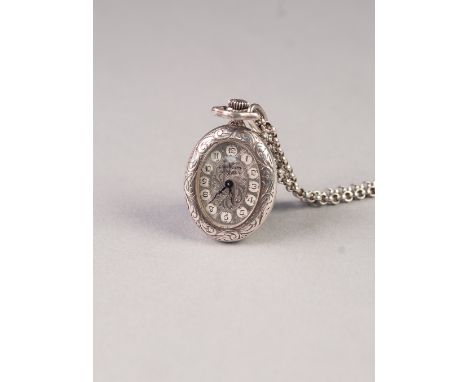 PALLASS, STOWA, SILVER OVAL PENDANT WATCH, with mechanical movement, engine turned Arabic oval dial, engraved case, on long s
