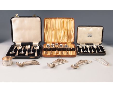 CASED SET OF TWELVE SILVER TEASPOONS, an incomplet set of FIVE DITTO,  a cased set of SIX SILVER COFFEE SPOONS,  a loose set 
