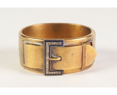 VICTORIAN GOLD COLOURED  METAL HINGE OPENING BUCKLE BANGLE, 'buckle' top set with twenty three rose cut diamonds within narro