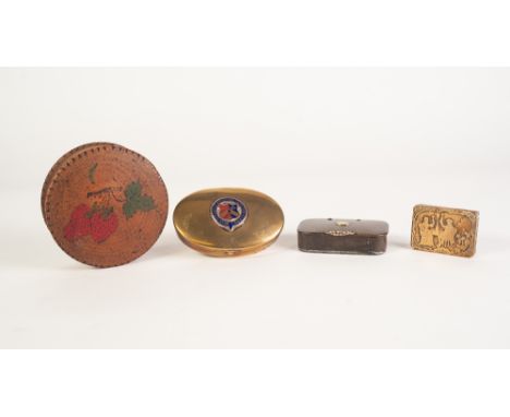 AN OVAL BRASS SNUFF BOX, the hinged covered centred with an enamelled coat of arms and motto inscribed 'In Honour of Bradford