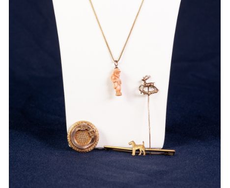 GOLD FINE CHAIN NECKLACE AND THE TINY CARVED CORAL PENDANT, as the figure of a man carrying a bundle; VICTORIAN UNMARKED GOLD