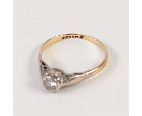 18ct GOLD AND PLATINUM RING, with a solitaire  diamond in a rubbed setting, approx .20ct, 2gms, ring size K/L' 