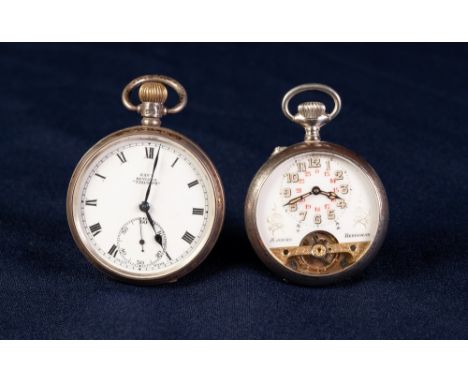 SILVER OPEN FACED POCKET WATCH,  'Kay's Keyless Triumph', white Roman dial with subsidiary seconds dial, engine turned case, 