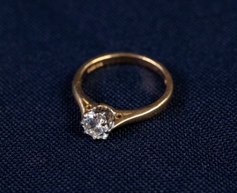 18ct GOLD RING, with a round brilliant cut solitaire diamond, approx .53ct in an eight claw coronet setting, clarity S1, colo