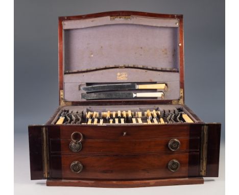 Edwardian inlaid mahogany cased canteen of INCOMPLETE, MIXED AND ASSOCIATED PLATED CUTLERY and BONE HANDLED KNIVES