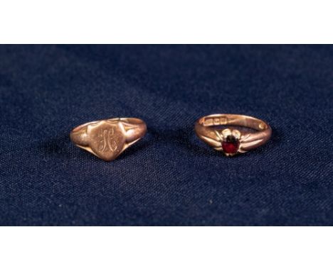 9ct ROSE GOLD GARNET SET RING and a 9ct ROSE GOLD SIGNET RING, 6.2 gms gross all in (2)