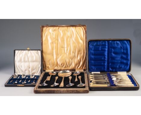INTER-WAR YEARS CASED SET OF SIX BONE-HANDLED FISH KNIVES AND FORKS, a cased set of PLATED FRUIT SPOONS and a cased set of SI