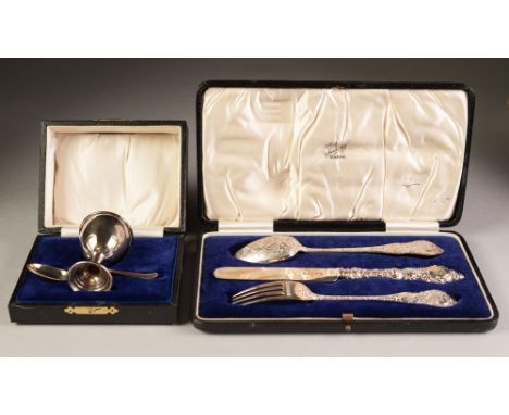 VICTORIAN SILVER CHRISTENING SET OF SPOON, KNIFE AND FORK, each cast with foliated tendrils, the spoon and fork with opposing