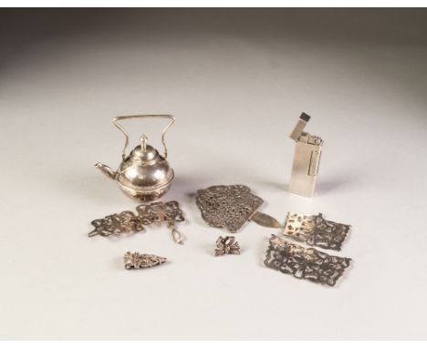 EARLY 20th CENTURY CONTINENTAL SILVER MINIATURE TEA KETTLE, also a Dunhill engine turned white metal cigarette lighter, an in