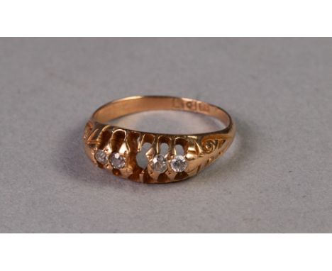 18ct GOLD RING WITH A LOZENGE SHAPED SETTING OF THREE TINY DIAMONDS AND ONE WHITE STONE, the centre setting vacant, Chester 1