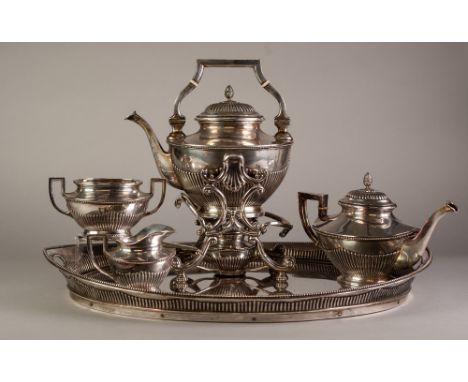 EARLY 20th CENTURY AUSTRIAN  800 PURITY SILVER TEA SERVICE comprising a tea kettle on spirit burner stand, a teapot, a cream 