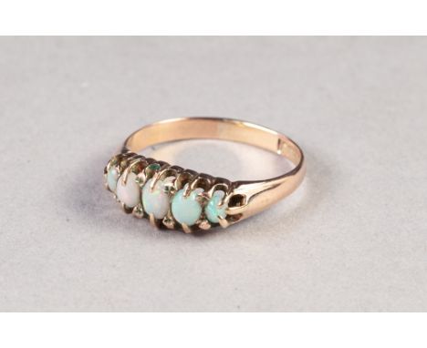 EDWARDIAN 9ct GOLD RING, with a lozenge shaped setting of five opals, Chester 1905, 2.5gms, ring size 'Q/R'