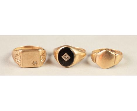 GENTS 9ct GOLD SIGNET RING, the oval black onyx top gypsy set with a tiny diamond, 9ct gold SIGNET RING, the plain square top